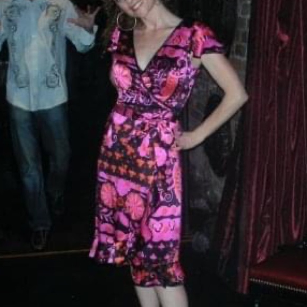 Vintage Betsey Johnson Silk Wrap Fit & Flare Floral Dress Black